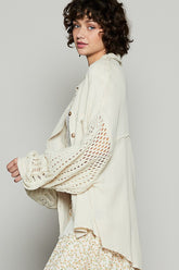 POL Openwork Lantern Sleeve Button Down Gauze Shirt OutfitFlow
